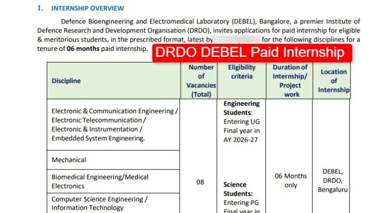DRDO DEBEL Paid Internship 2026: ₹30,000 Stipend, 8 Seats — Apply Before 31 May