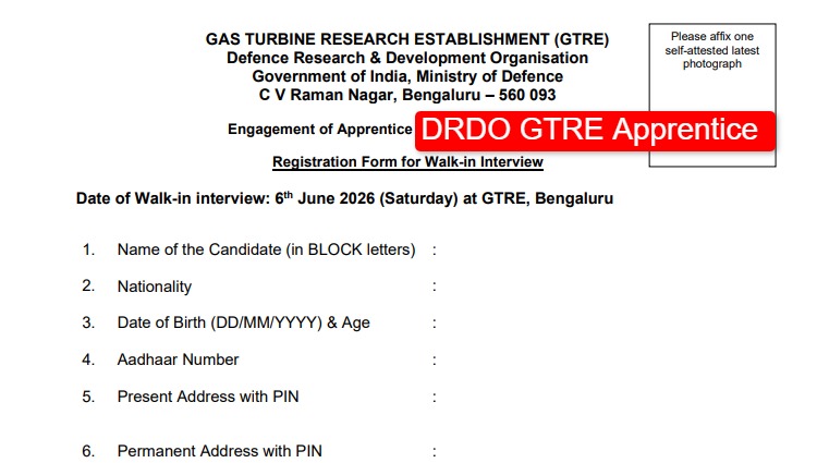 DRDO GTRE Bengaluru Apprentice Walk-in Interview 2026 — 150 Posts for BE, Diploma, ITI & Graduates